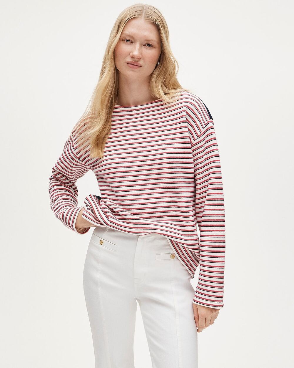 J.Crew Heritage Terry Nautical Boatneck Sweatshirt Scarlet Stripe L